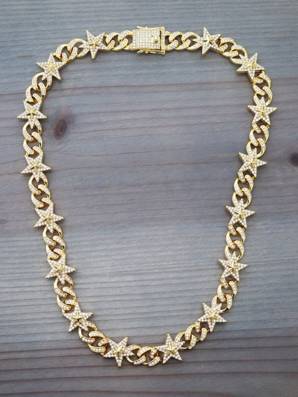 Stars & Cuban Ice Round Curb Diamond Chain Necklace with Rhinestones 18k Gold Pl